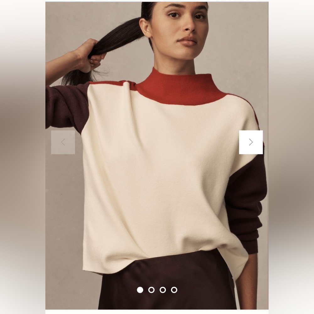 Maeve Cream Colorblock Mock Neck Sweater with Red Neckline and Brown Sleeves